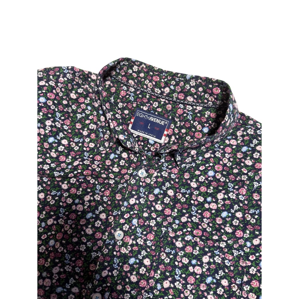 Eighth Avenue Mens Floral Button Down Shirt Short Sleeve Navy Cotton Large